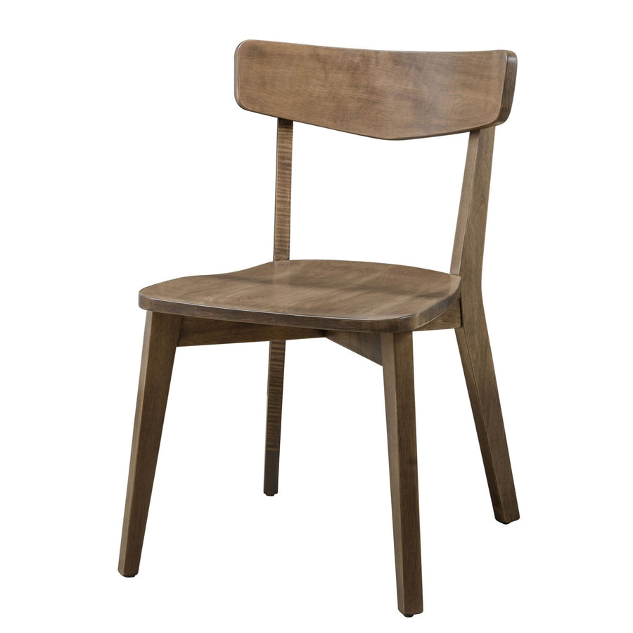 Mid century modern dining chair in weathered walnut with a curved back rest, scooped seat and splayed round legs
