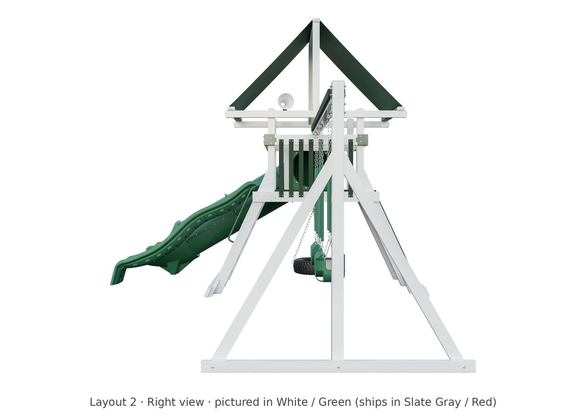 Amish Avalanche Vinyl Playset & Swing Set Kit – Layout 2, right view (shown in White with Green accents)