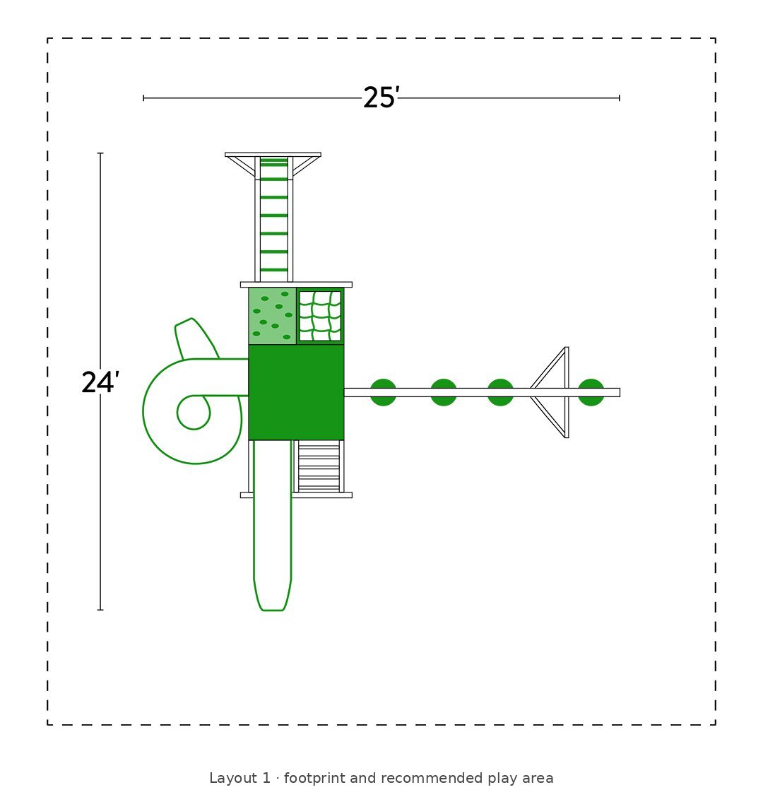 Amish Avalanche Vinyl Playset & Swing Set Kit – Layout 1 footprint and recommended play area diagram