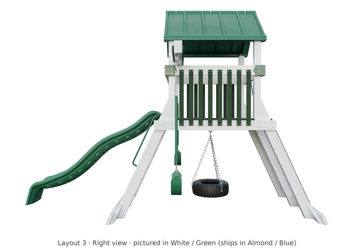 Amish Avalanche Vinyl Playset & Swing Set Kit – Layout 3, right view (shown in White with Green accents)