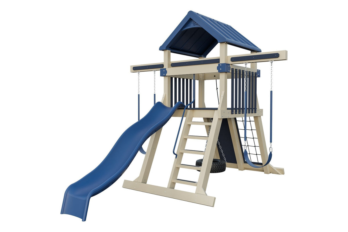 Amish Avalanche Vinyl Playset & Swing Set Kit – Layout 3, Almond with Blue accents