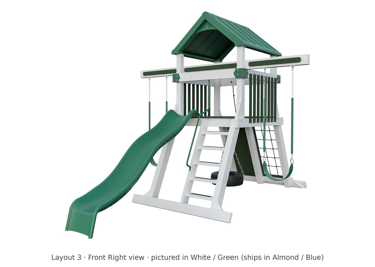Amish Avalanche Vinyl Playset & Swing Set Kit – Layout 3, front right view (shown in White with Green accents)