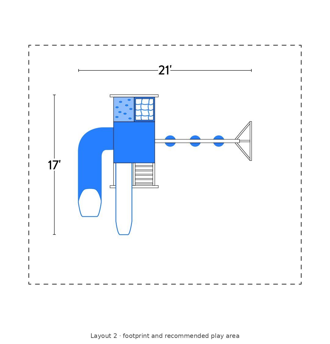 Amish Avalanche Vinyl Playset & Swing Set Kit – Layout 2 footprint and recommended play area diagram