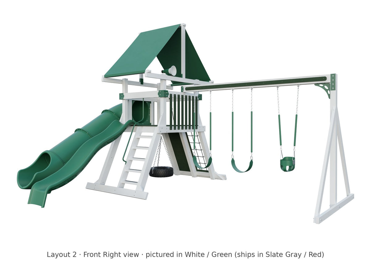 Amish Avalanche Vinyl Playset & Swing Set Kit – Layout 2, front right view (shown in White with Green accents)