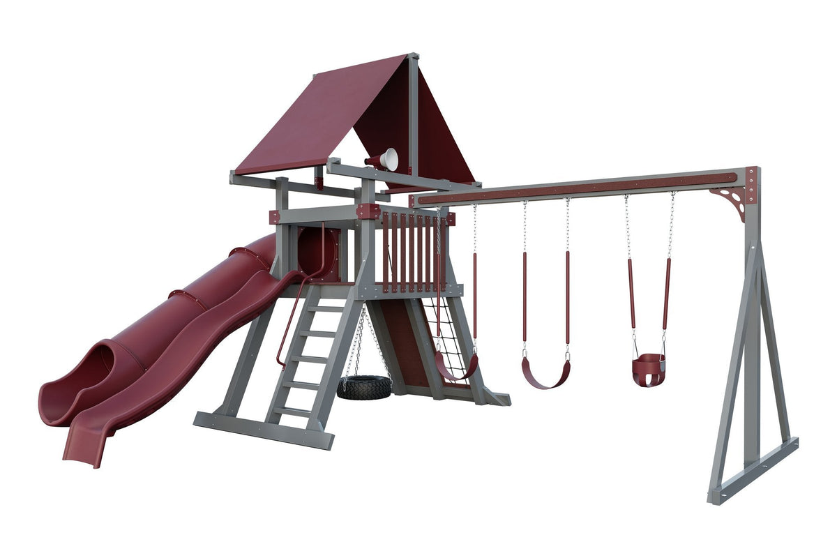 Amish Avalanche Vinyl Playset & Swing Set Kit – Layout 2, Slate Gray with Red accents