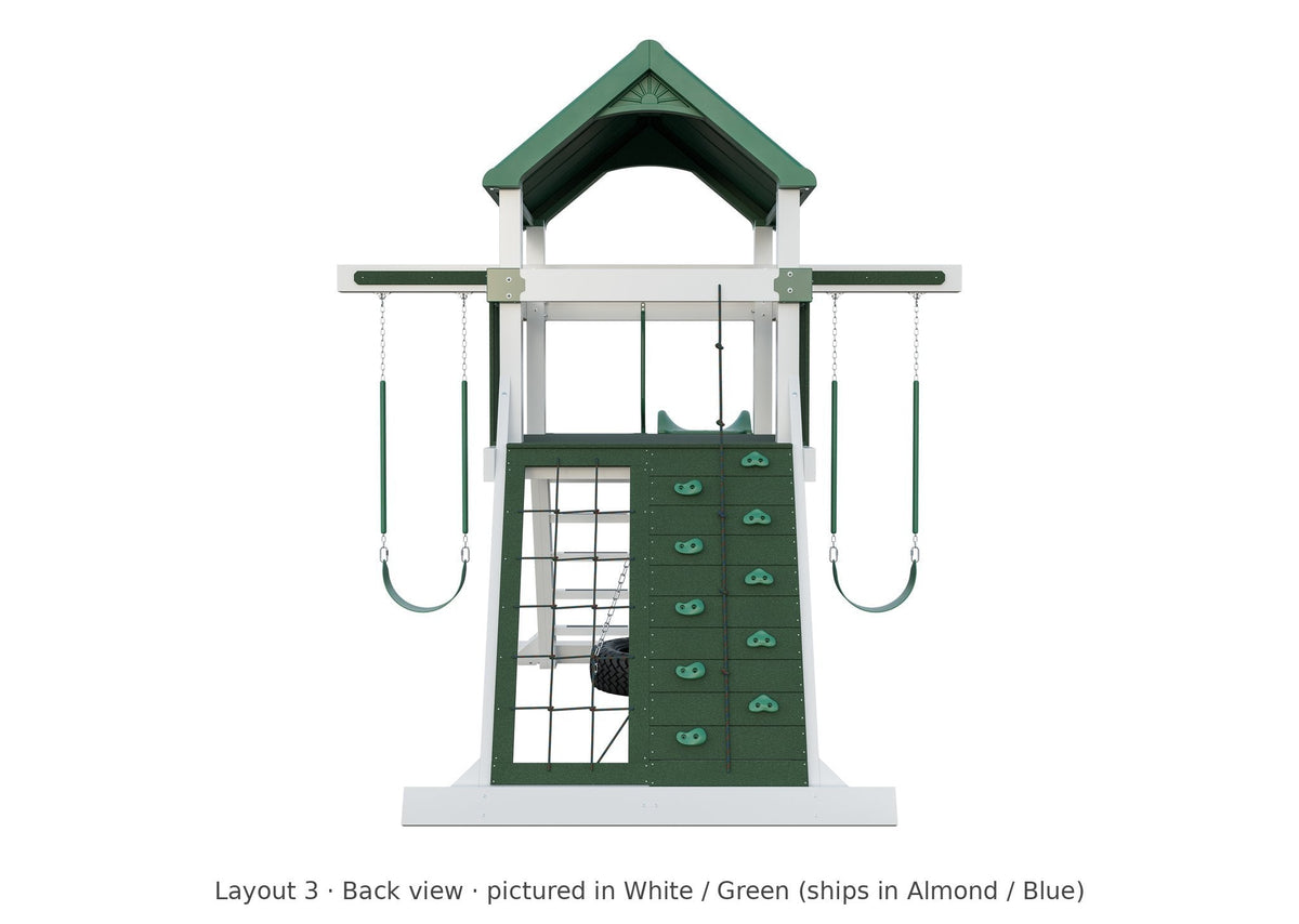 Amish Avalanche Vinyl Playset & Swing Set Kit – Layout 3, back view (shown in White with Green accents)