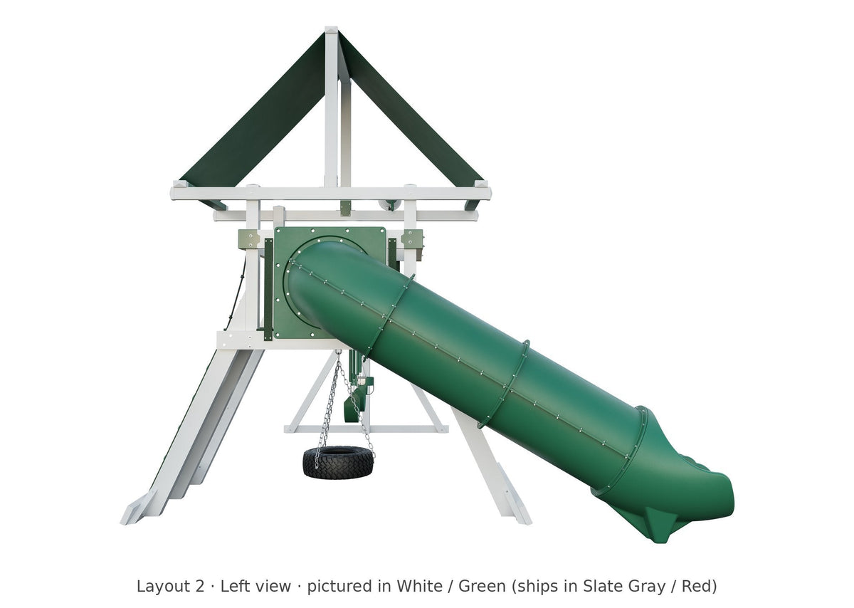 Amish Avalanche Vinyl Playset & Swing Set Kit – Layout 2, left view (shown in White with Green accents)