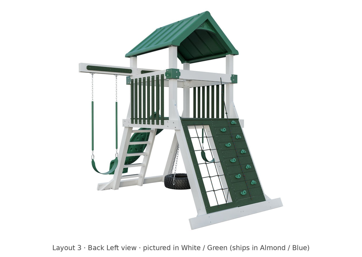 Amish Avalanche Vinyl Playset & Swing Set Kit – Layout 3, back left view (shown in White with Green accents)