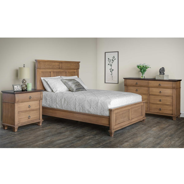 Three piece bedroom set with a light almond panel bed, matching three drawer nightstand and eight drawer dresser