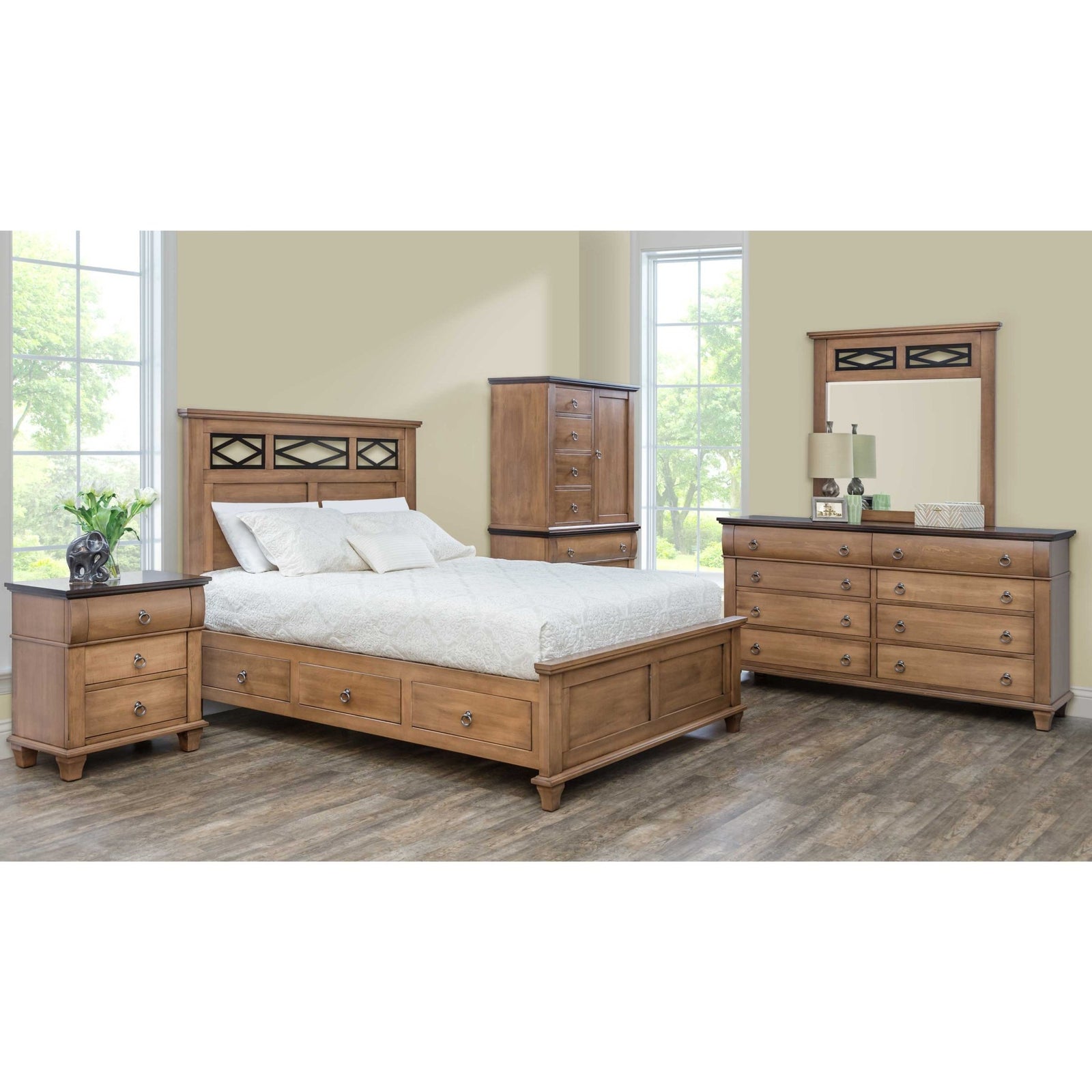 Five piece bedroom set in light almond with a lattice headboard storage bed, nightstand, chest armoire and mirrored dresser