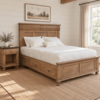 Amish Avignon Platform Drawer Captain Storage Bed shown in the bedroom of a modern farmhouse home