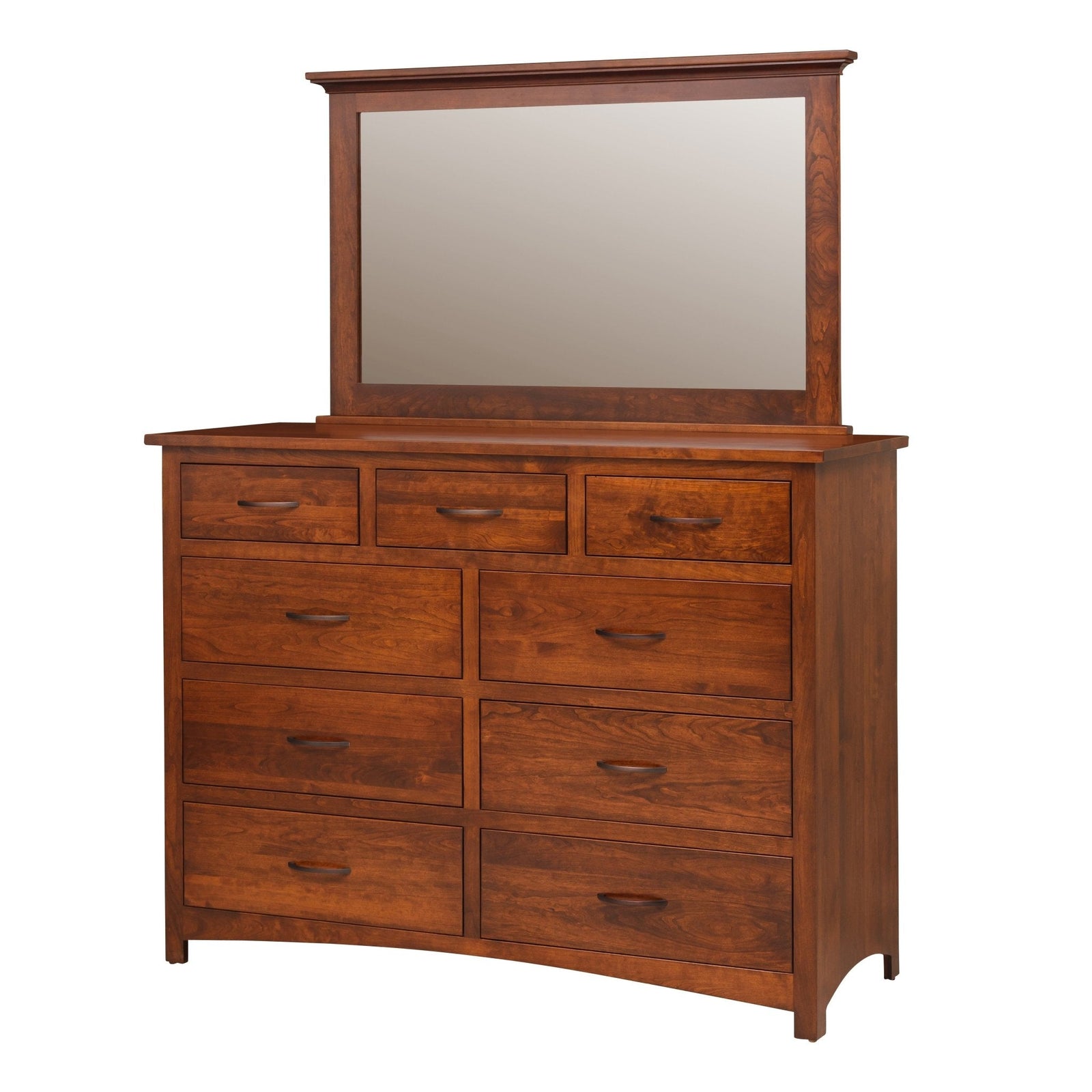 Cherry sleigh bedroom set with panel footboard, tall mirrored dresser, nightstand and chiffonier in a carpeted room