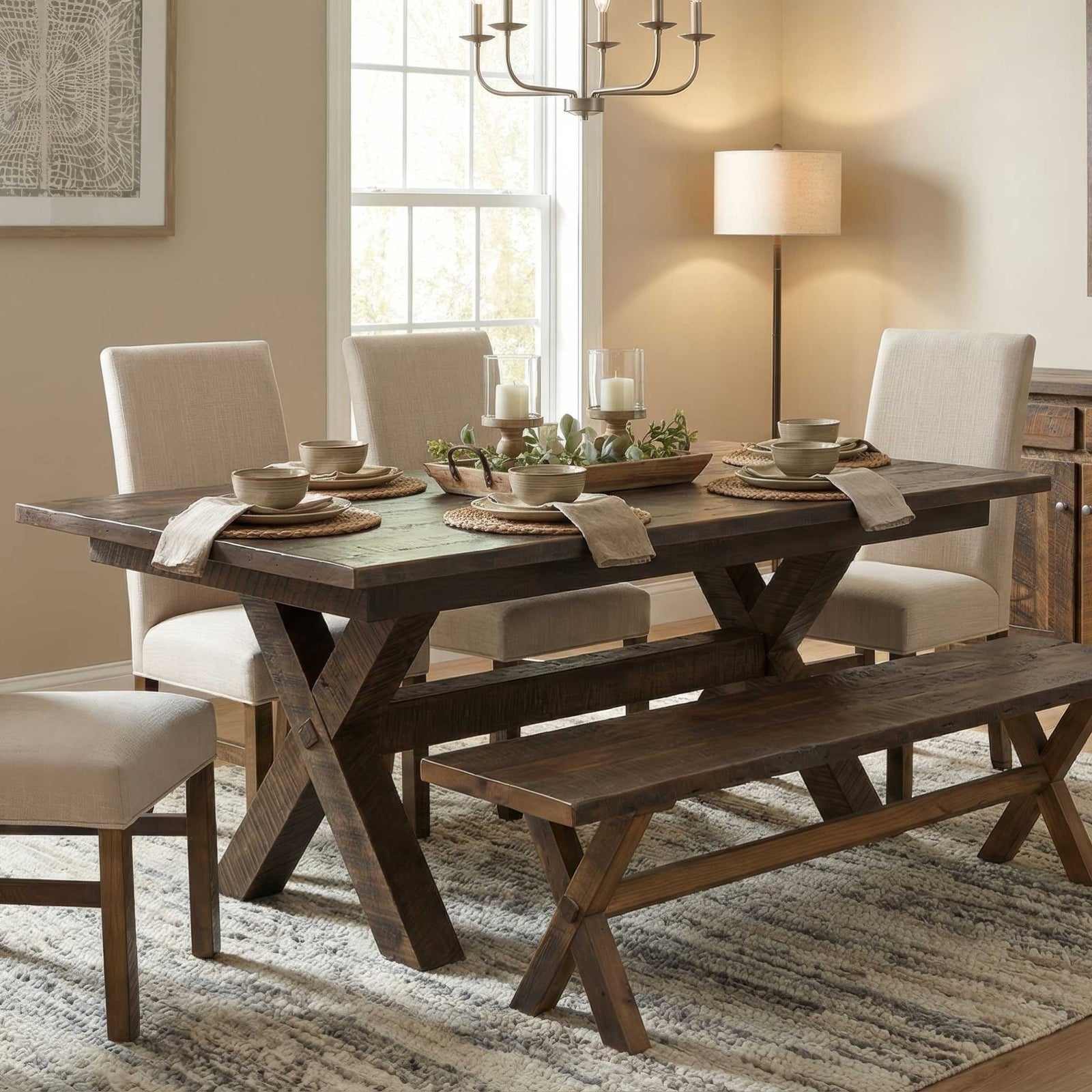 A rustic dark wood dining table set in a warm, neutral-toned dining room with four upholstered chairs, a matching bench, and tableware arranged on a patterned rug.
