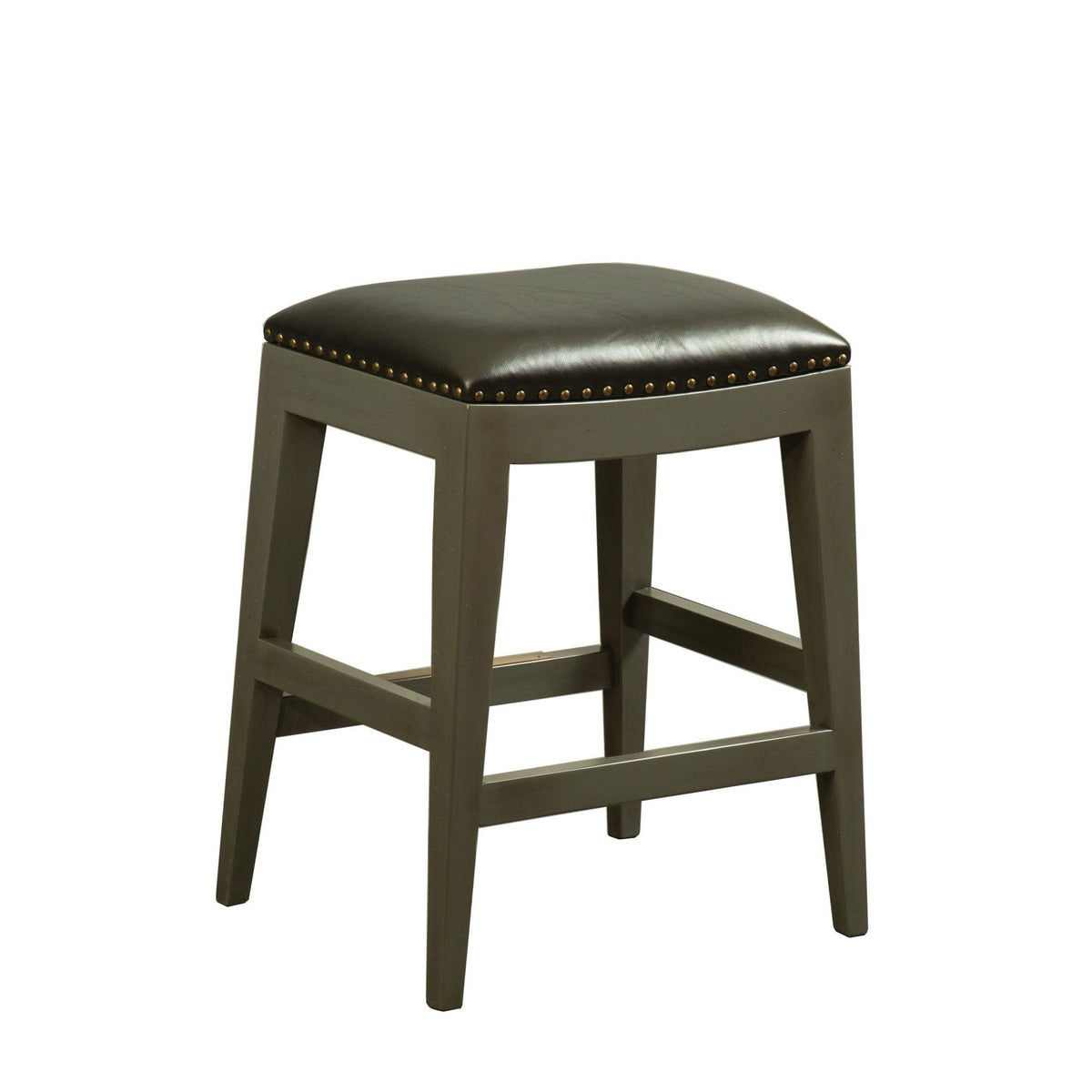 Barcelona counter stool with a dark brown leather saddle seat, brass nailhead trim and gray stained wood legs