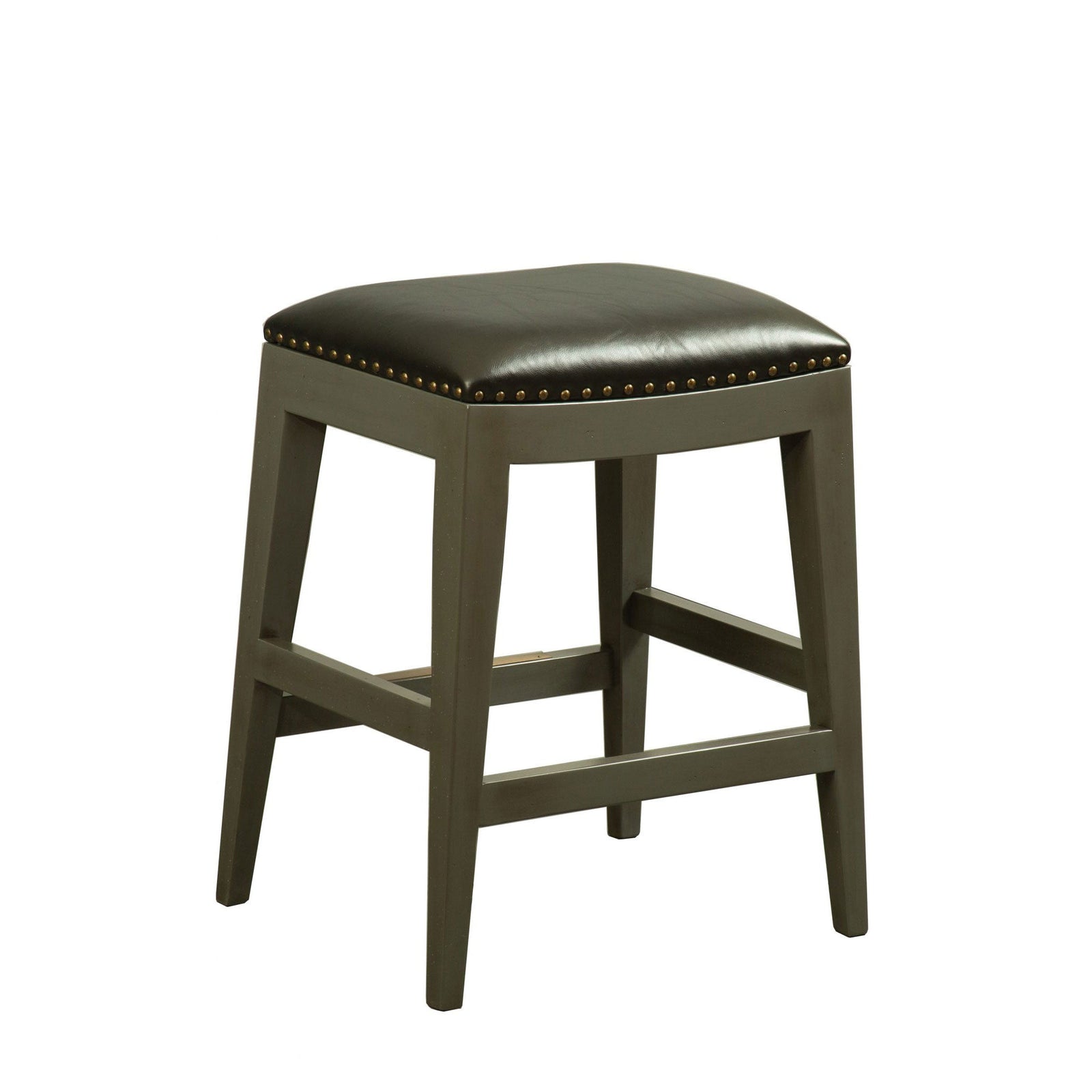 Barcelona counter stool with a dark brown leather saddle seat, brass nailhead trim and gray stained wood legs