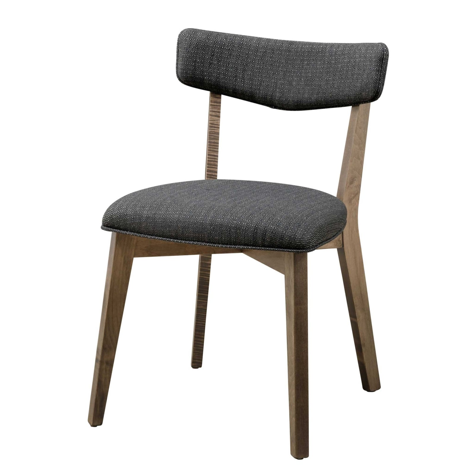 Mid century modern dining chair with a charcoal upholstered curved back and seat at a light wood table