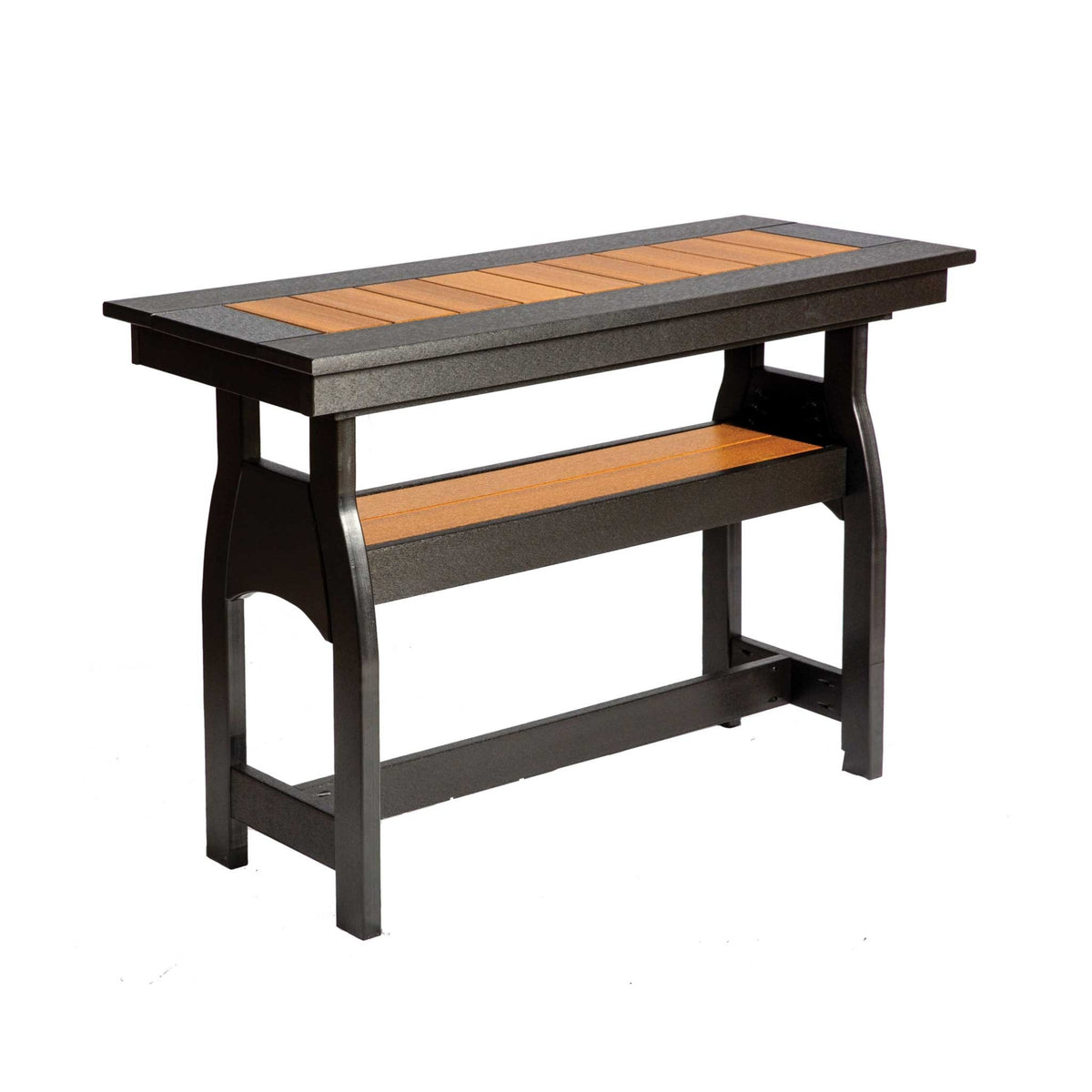 Poly counter height brunch table in black with cedar-toned top slats, shaped legs and a full-width storage shelf