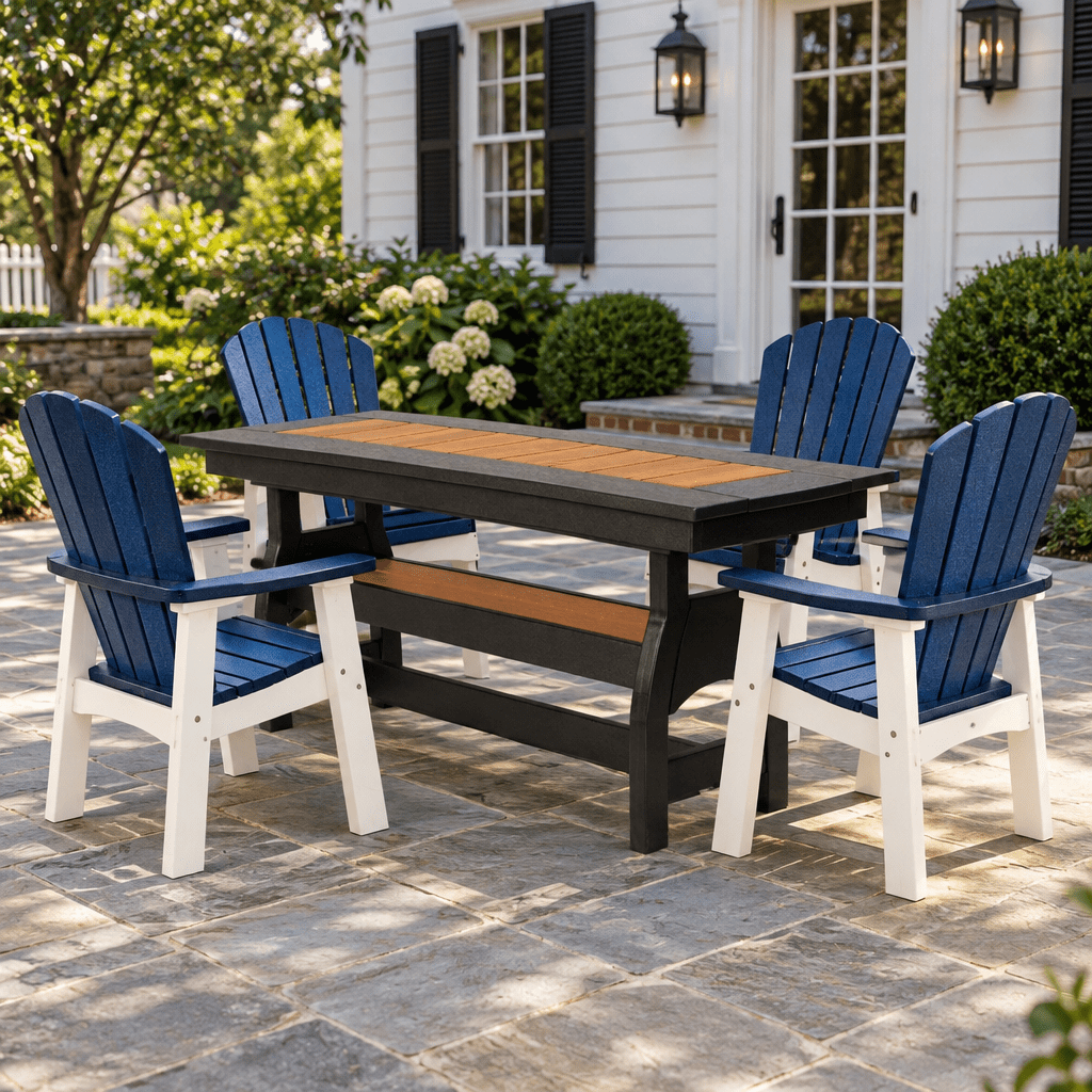Amish Bayport Poly Patio Brunch Dining Table shown in the back patio of a traditional colonial home