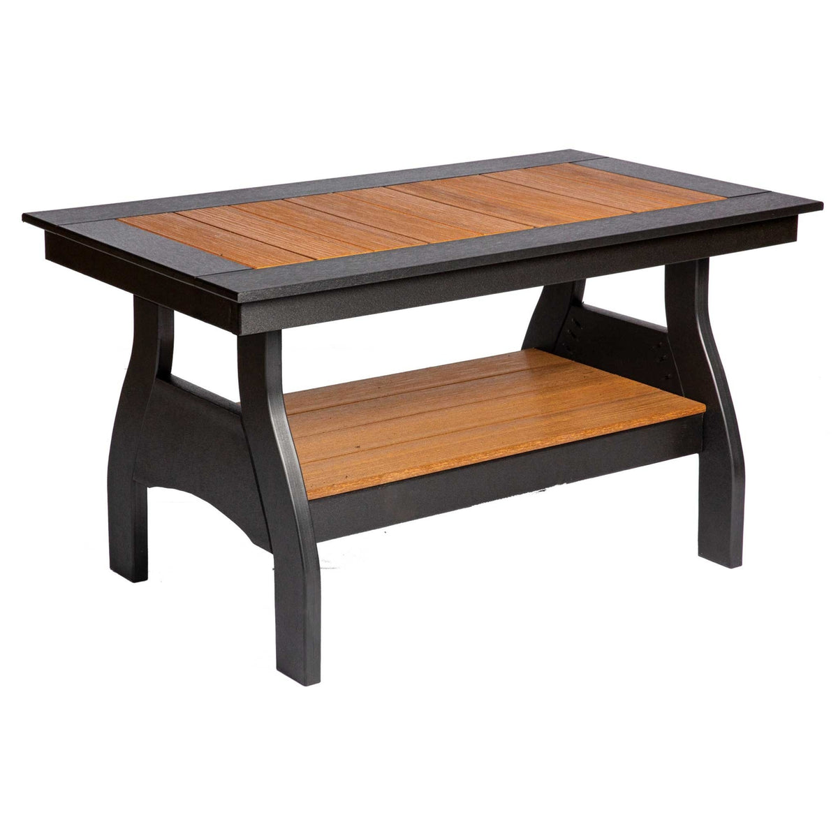 Low poly serving counter table with cedar inset top, black shaped legs and a wide cedar lower shelf