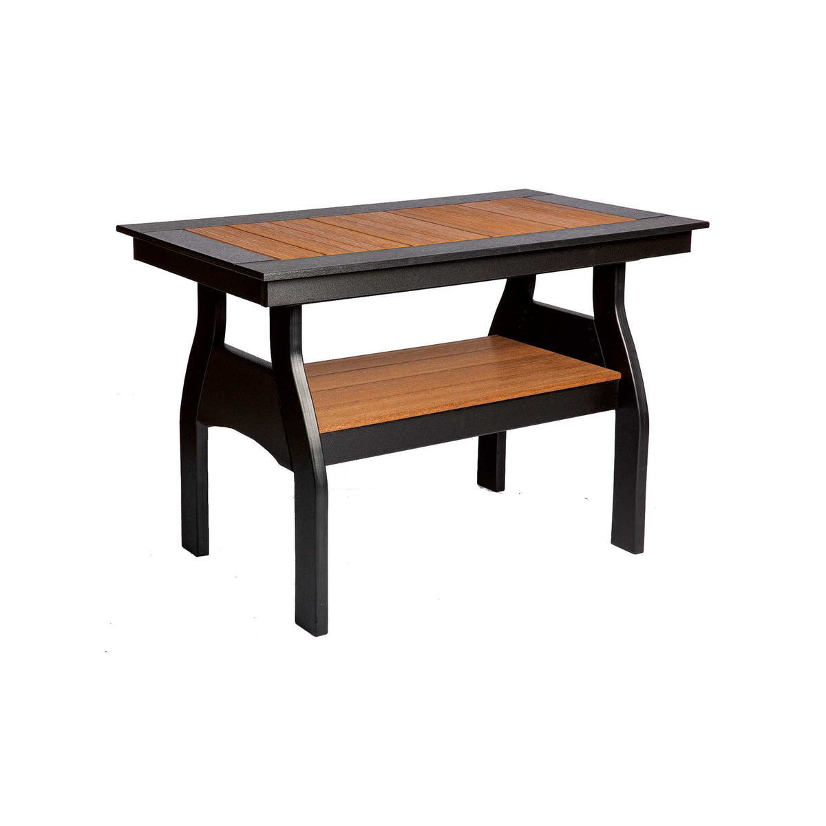 Counter height poly serving table in black with cedar-toned top and shelf, shown on a white background