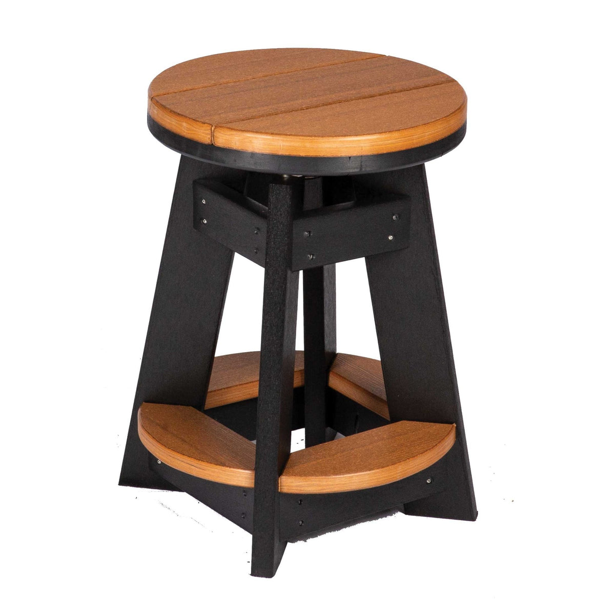 Angled view of a round cedar poly swivel stool with black legs and a swivel seat mechanism visible