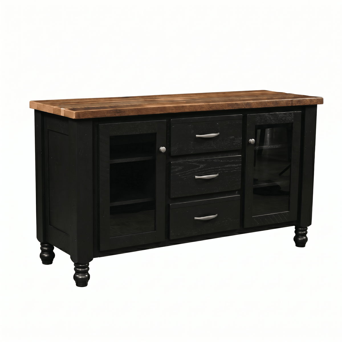 Black dining buffet with a natural reclaimed wood top, three center drawers, two glass display doors and turned feet, on white