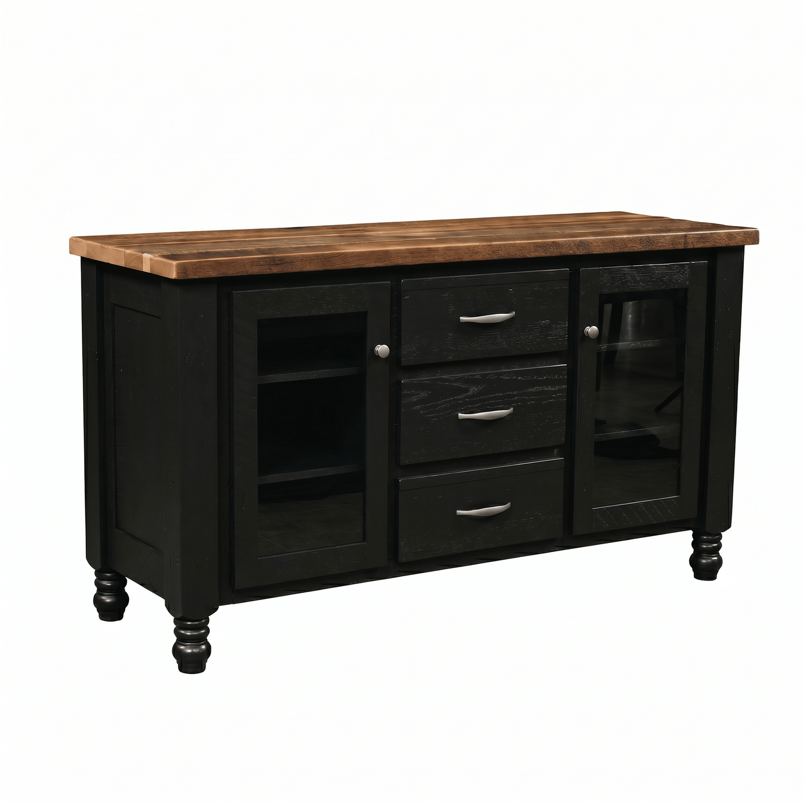 Blue painted dining buffet with a natural wood top, three drawers between glass-door cabinets and turned feet, under floral art