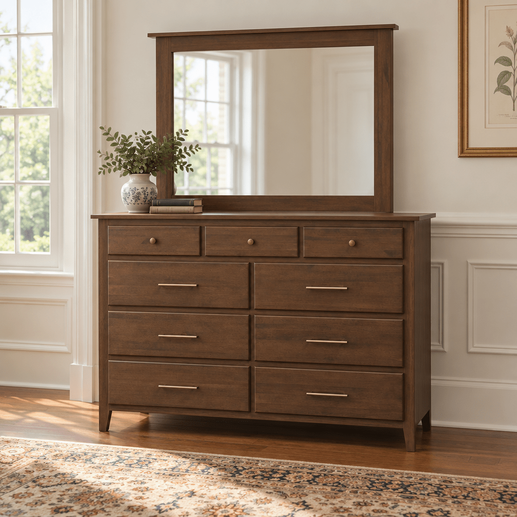 Amish Bel Air 9-Drawer High Mule Chest Dresser shown in the bedroom of a traditional colonial home