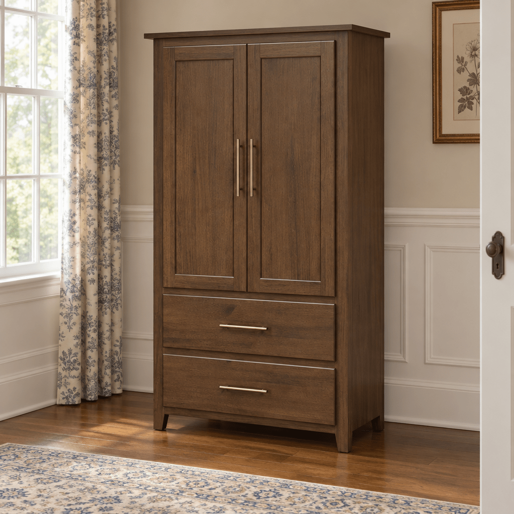 Amish Bel Air Solid Wood Armoire shown in the bedroom of a traditional colonial home