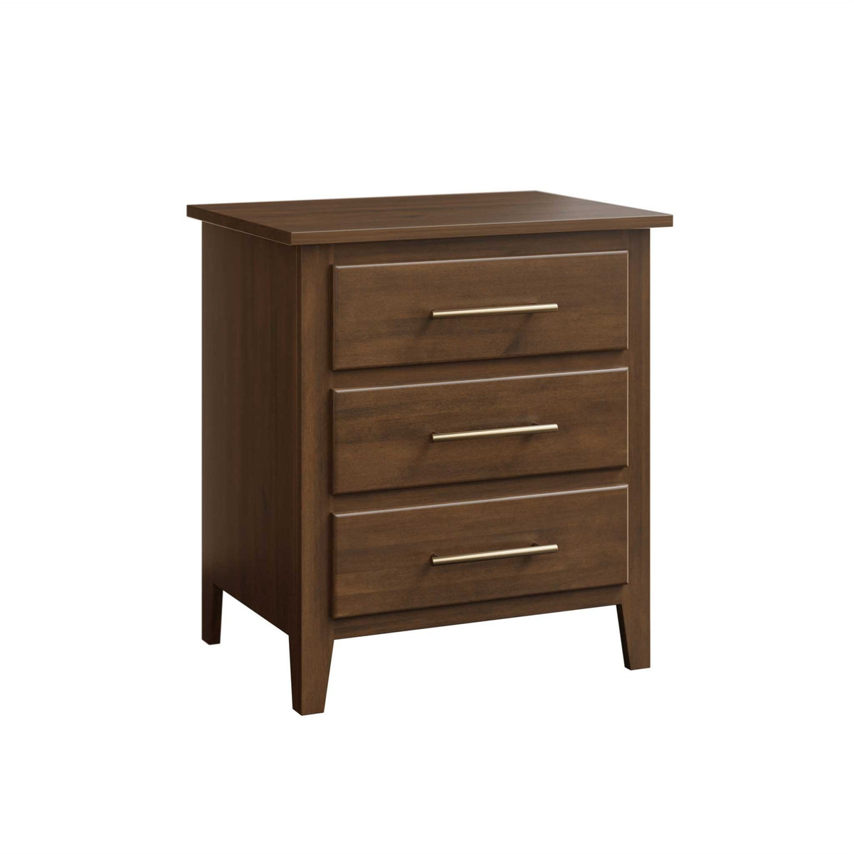 Three-drawer walnut nightstand with brass bar pulls and slightly tapered legs shown at an angle