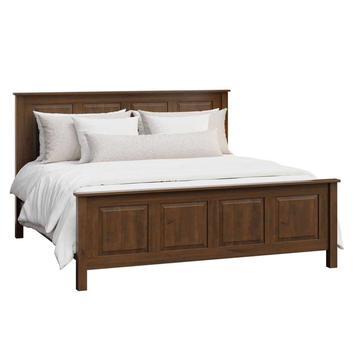 Solid wood high panel bed frame shown from an angle with white bedding and boucle pillows on white