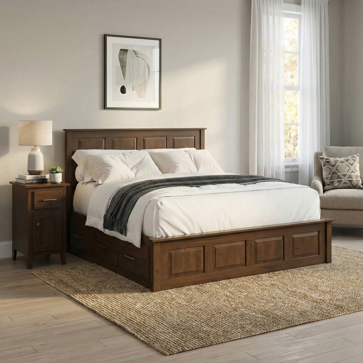 High panel storage platform bed with three side drawers and a paneled footboard beside a matching nightstand