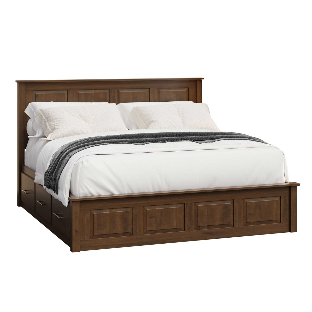 Panel drawer storage platform bed with three underbed drawers, paneled footboard and white bedding