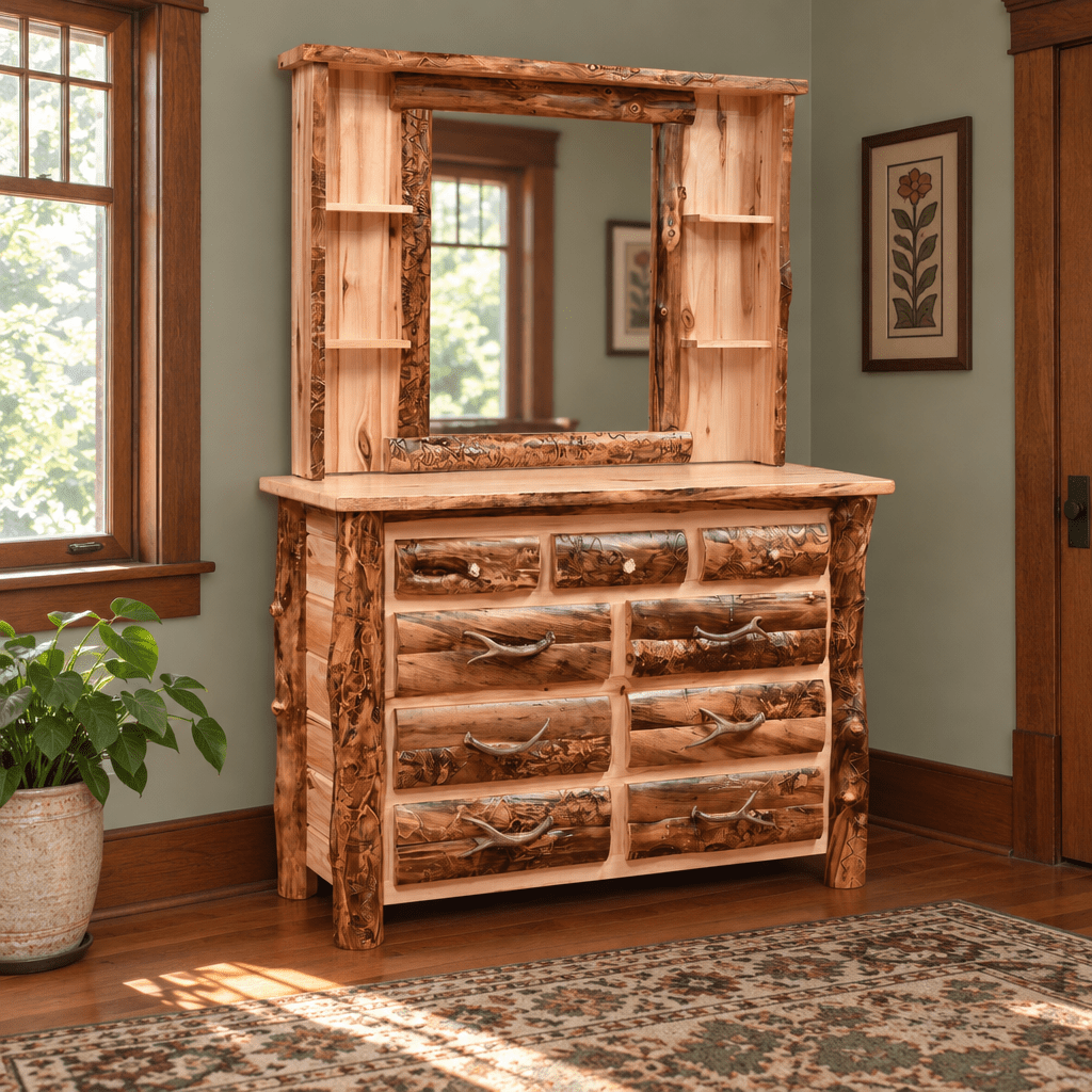 Amish Bighorn Aspen Log 3 over 6 Drawer Dresser shown in the bedroom of a craftsman bungalow home