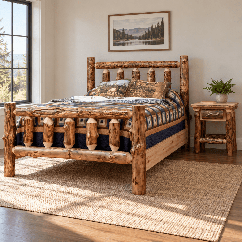 Amish Bighorn Aspen Log Bed shown in the bedroom of a transitional home