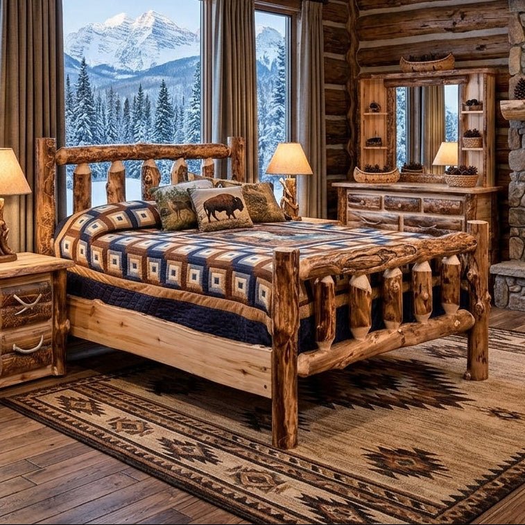 A rustic log-frame bedroom with a handmade wooden bed, mountain-view windows, a stone fireplace, and a patterned rug.