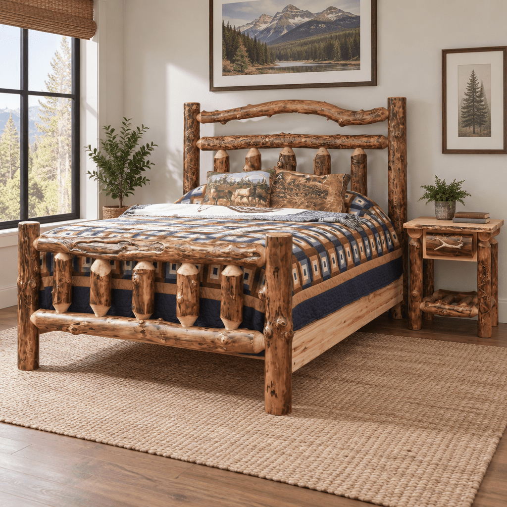 Amish Bighorn Deluxe Aspen Log Bed shown in the bedroom of a transitional home