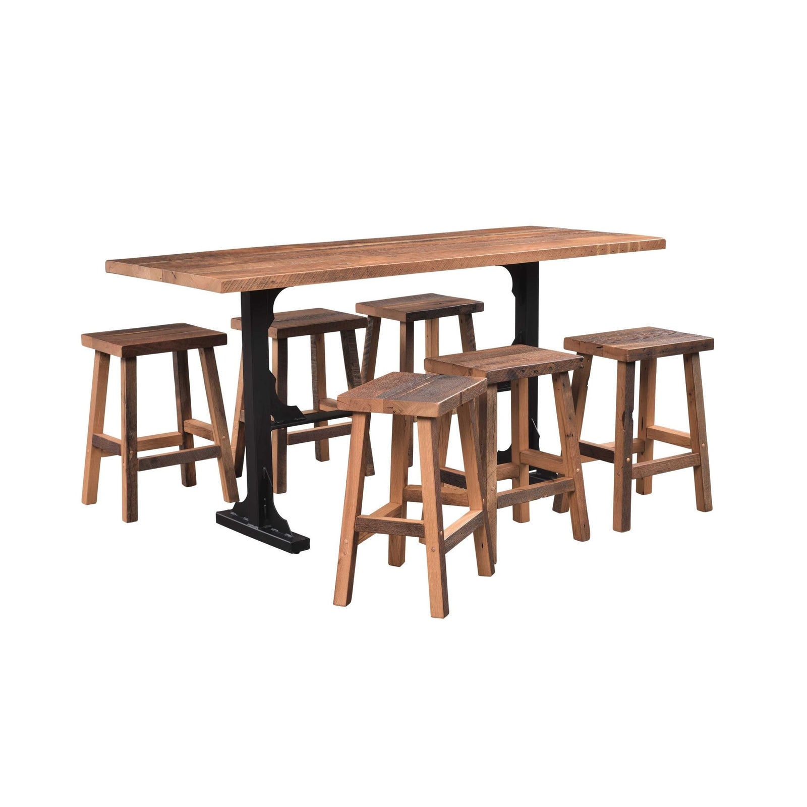 A rustic industrial console table featuring a warm medium-brown wood plank top and a black cast iron trestle base, shown against a plain white background.