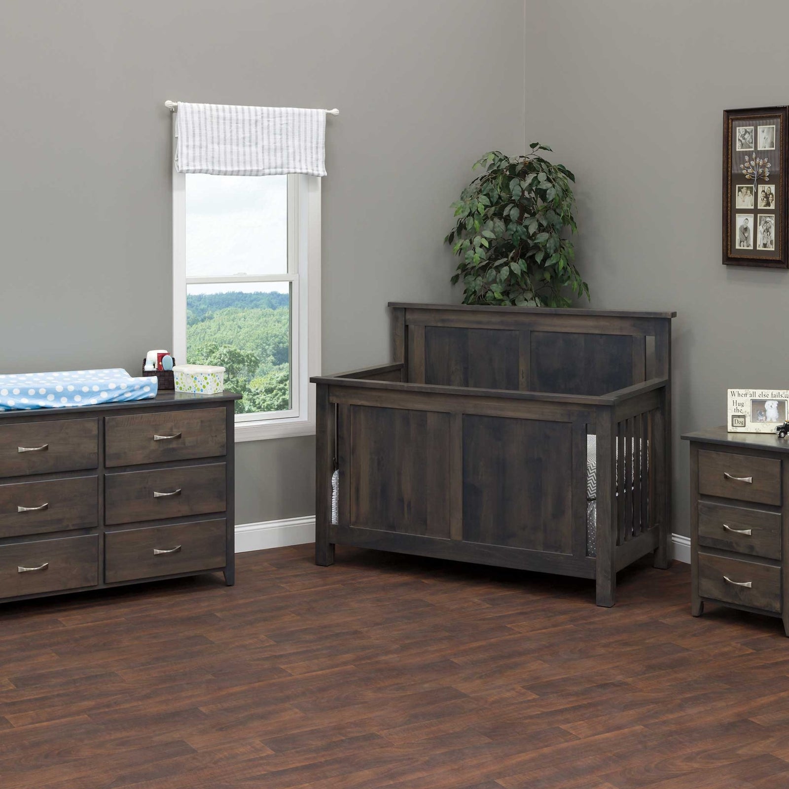 Weathered gray nursery set with a solid wood panel crib, six drawer dresser and three drawer nightstand
