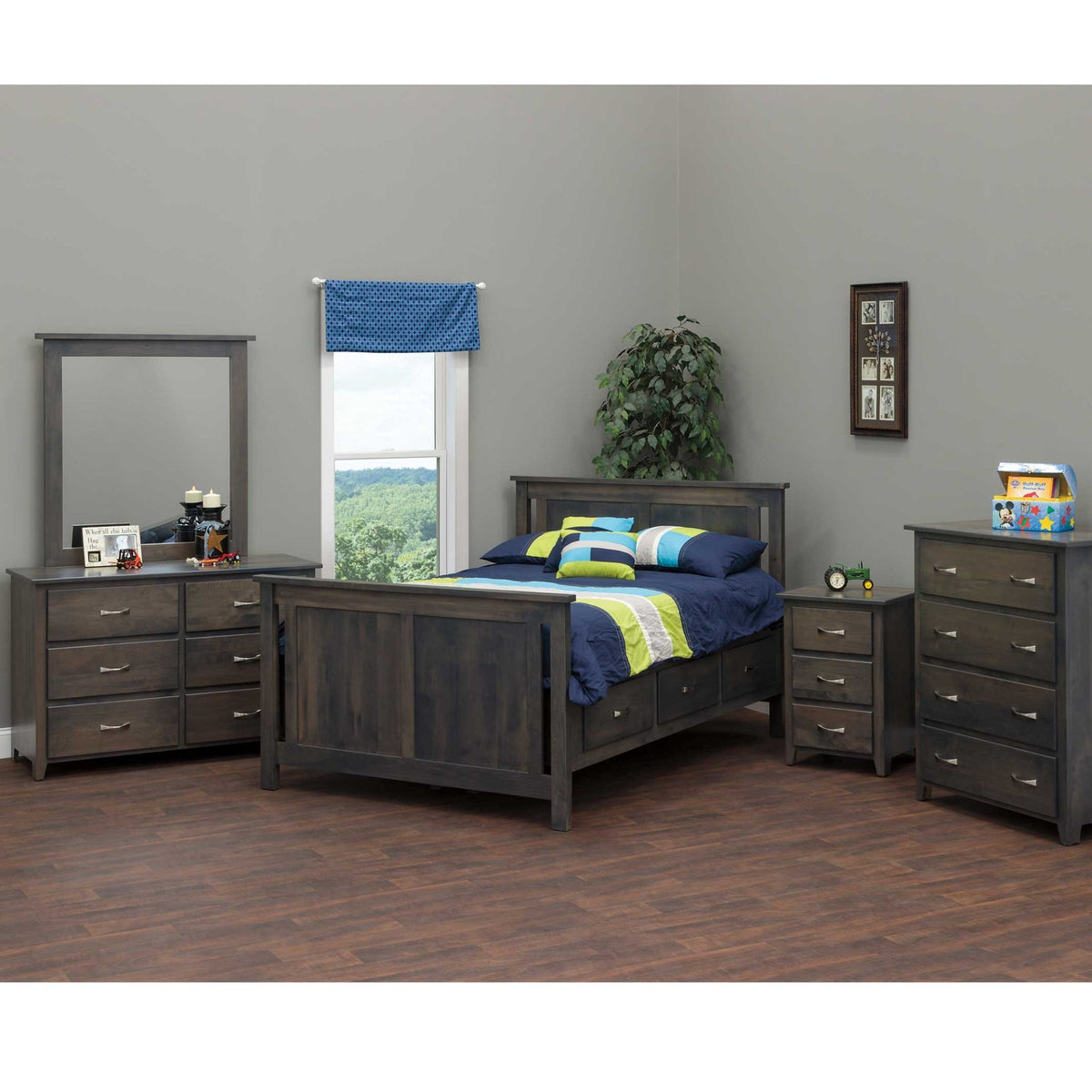 Gray bedroom set with a storage panel bed, dresser with mirror, nightstand and chest of drawers