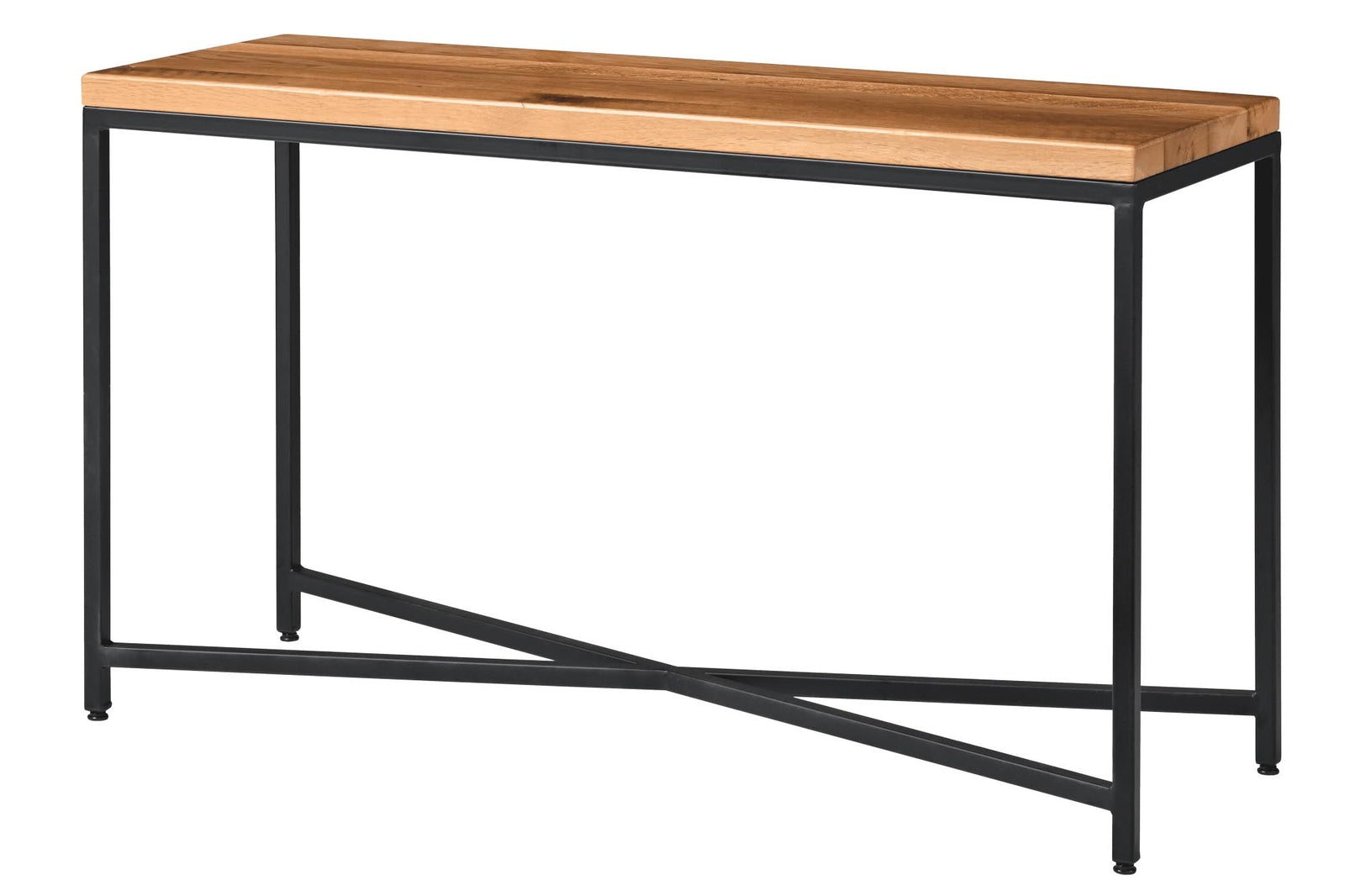 Console table with a wood top and black frame set against a plaster wall under abstract art, with the coffee table in front