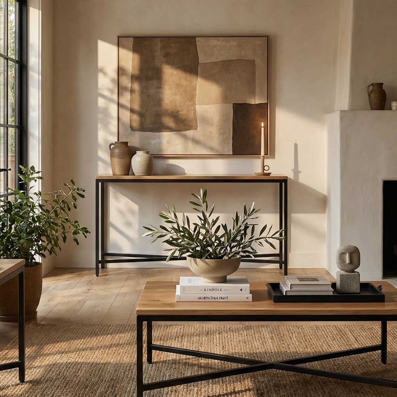 Console table with a wood top and black frame set against a plaster wall under abstract art, with the coffee table in front