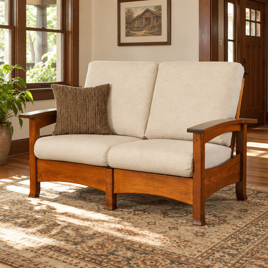 Amish Breezy Point Morris Loveseat shown in the living room of a craftsman bungalow home