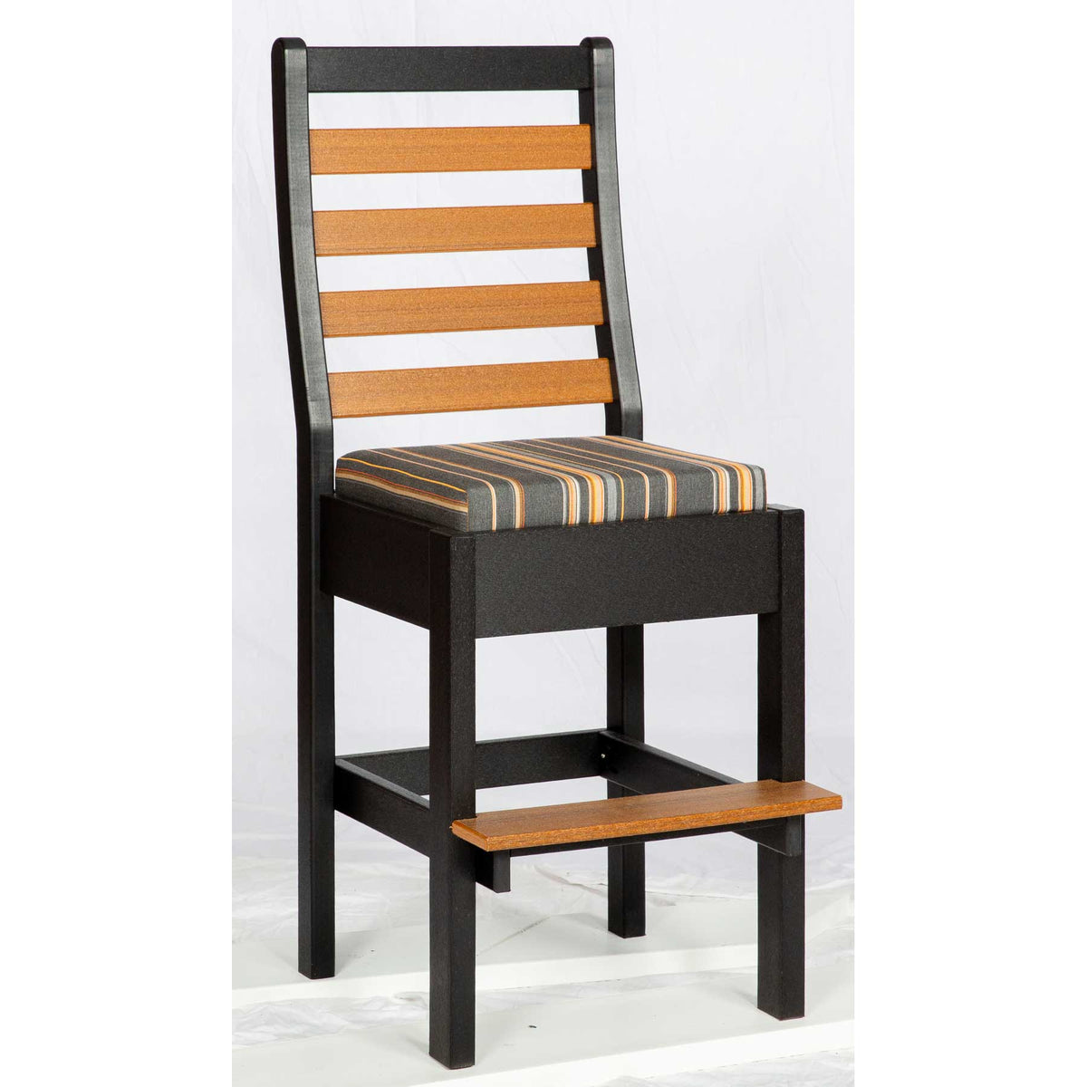 Armless poly bar height chair with black frame, cedar ladder back slats, striped cushioned seat and cedar footrest