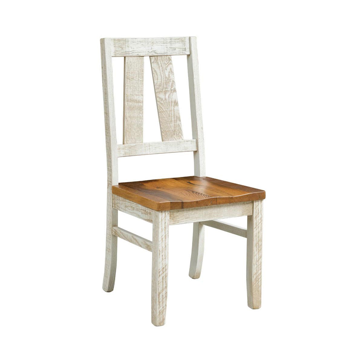 Distressed white dining chair with a split panel back, stained wood seat and rough sawn square legs