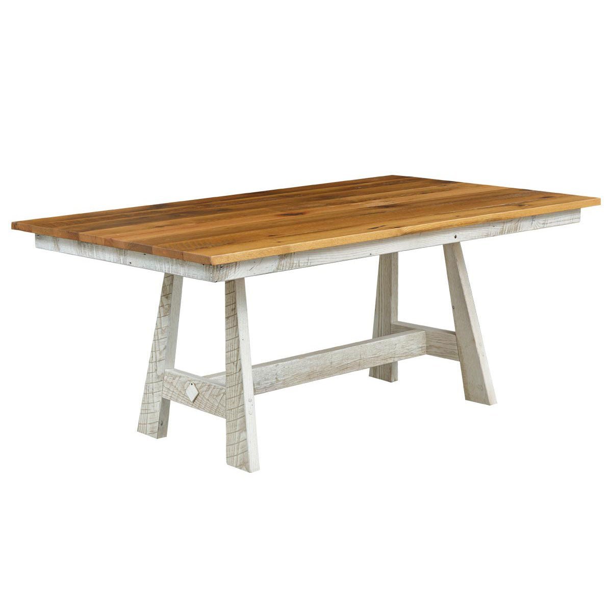 Reclaimed wood trestle dining table with a natural stained plank top and distressed white A frame base
