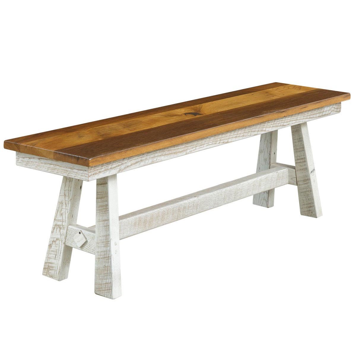 Farmhouse dining bench with a stained plank seat and whitewashed A frame legs with stretcher