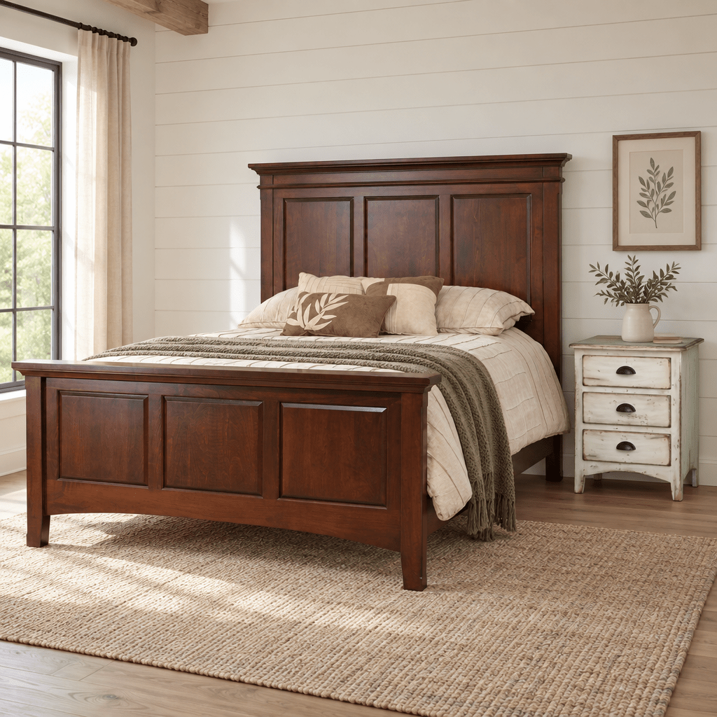 Amish Brookfield Panel Bed shown in the bedroom of a modern farmhouse home