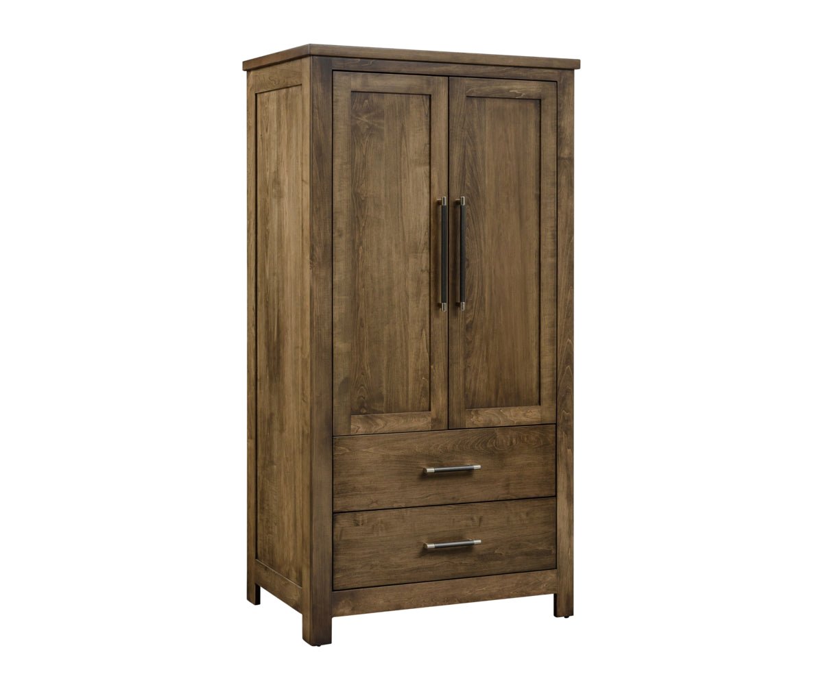 Rustic brown armoire with two tall paneled doors, long bar handles and two bottom drawers
