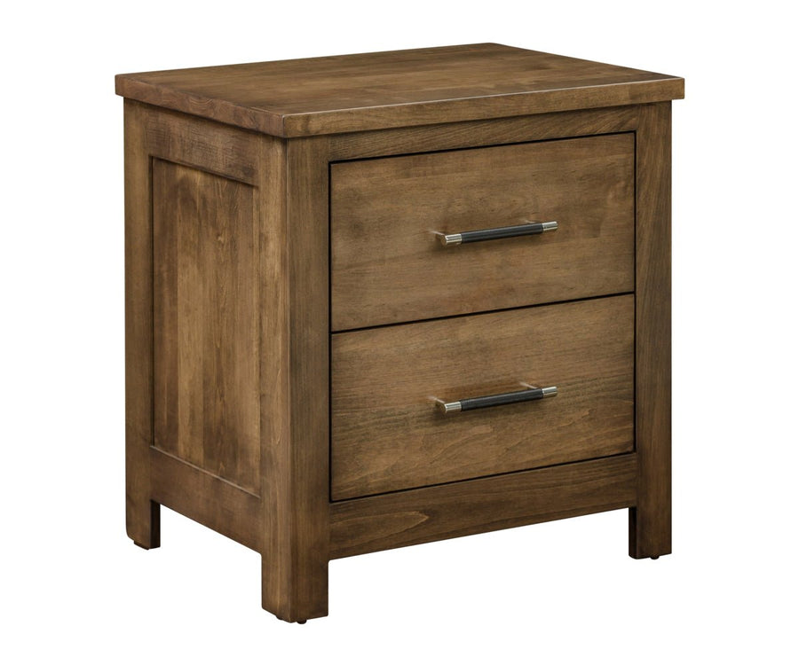 Rustic brown two drawer nightstand with dark tipped bar pulls, framed side panels and block feet